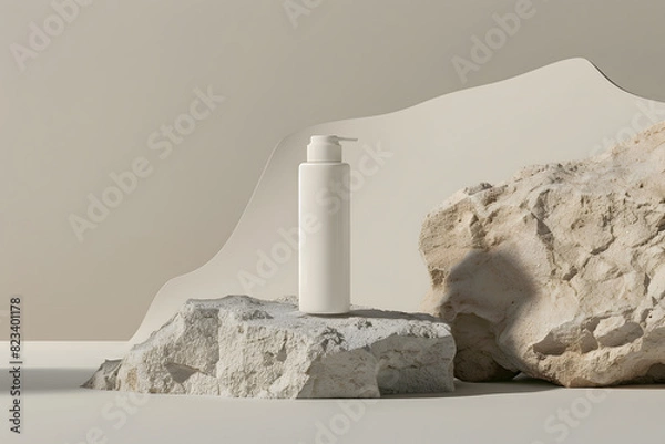 Fototapeta Mockup of a soap dispenser bottle standing on a rock