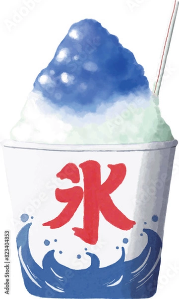 Fototapeta Watercolor painting of Japanese shaved ice topped with blue syrup.