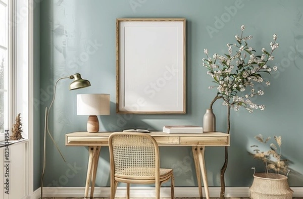 Fototapeta A mockup of an empty blank poster frame on the wall above a wooden table