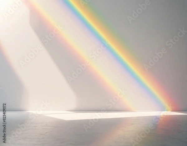 Fototapeta A texture overlay effect of blurred rainbow light refraction for photos and mockups. Organic diagonal holographic flare on a white wall. Realistic natural light effects.