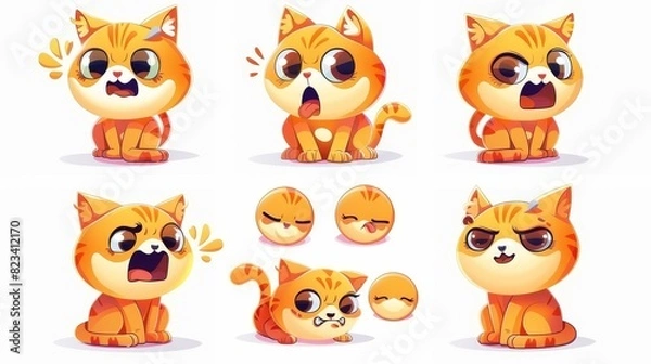 Fototapeta Various emotions of a cute cat character, isolated on white