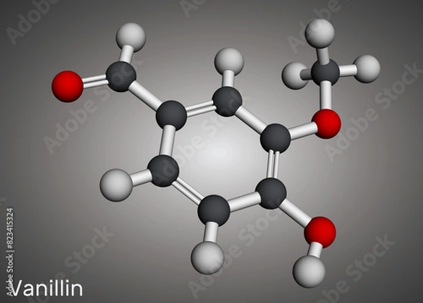 Fototapeta Vanillin molecule. It is flavor compound. Molecular model. 3D rendering.