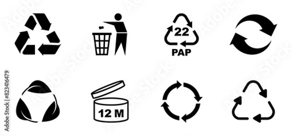 Obraz Set of recycle symbols for packaging products. Universal recycling and packing signs. Trash icons. Reuse cycle. Vector eco icons.