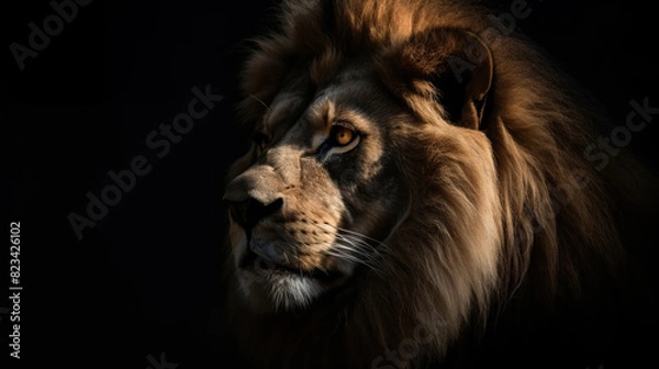 Fototapeta Close up of great lion head isolated in black background. Wildlife animal background concept.