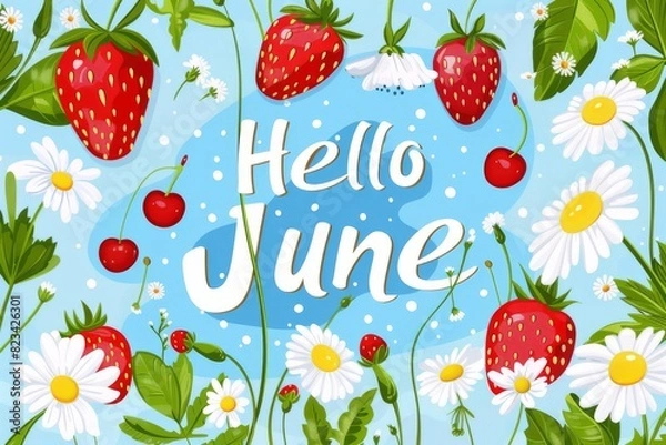 Obraz summer background, illustration with the inscription Hello June with summer berries and flowers