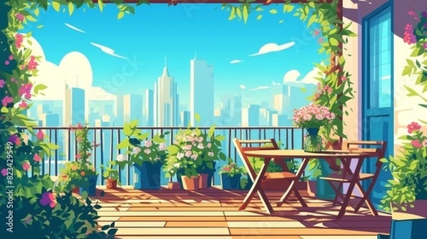 Fototapeta A suburban garden on a lofty rooftop or terrace, with a cityscape in the background. Cartoon modern patio with wooden floor, plants in pots, and flowers in vases in a rack and a table.