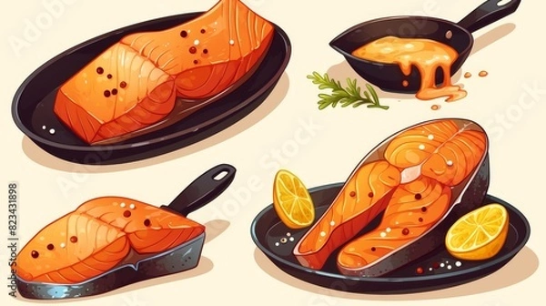 Fototapeta Grill fish steak cartoon bbq food icon set. Isolated raw and cooking salmon slice on pan and plate for restaurant menu design. Red grilled dinner piece on barbeque for dinner.