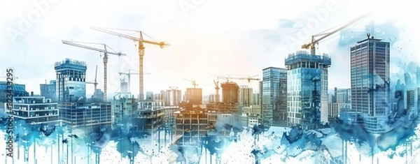 Obraz Illustration of a construction site with cranes and workers building a modern glass office tower in a city
