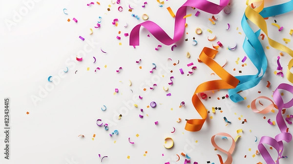 Fototapeta Colorful confetti and ribbons on white background Birthday party celebration holiday concept Flat lay top view