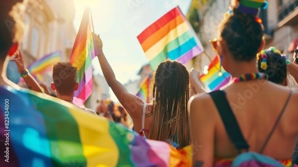 Fototapeta Crowd celebrating with rainbow flags at a public event