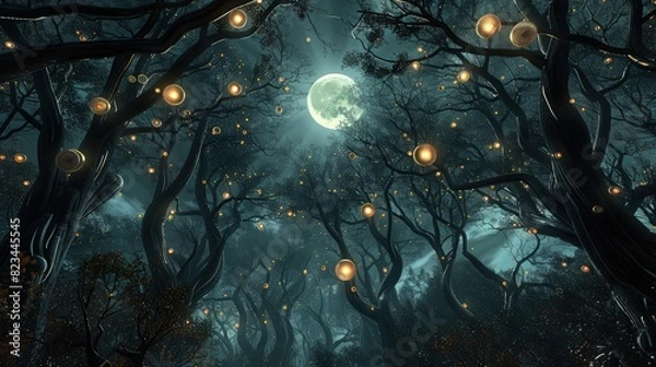 Fototapeta A bright full moon hang over the mystical forest with hanging yellow glowing light on tree casting a beautiful effect 