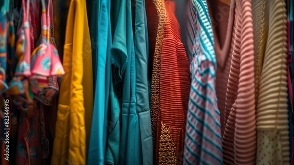 Fototapeta Colorful Assortment of Clothes Hanging in Closet - AI Generative