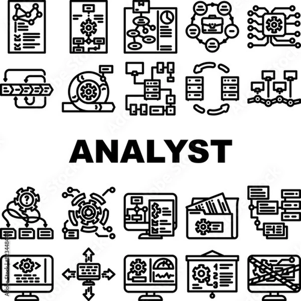 Obraz system analyst data business icons set vector. computer digital, financial technology, kpi information, analytics management, chart system analyst data business black contour illustrations