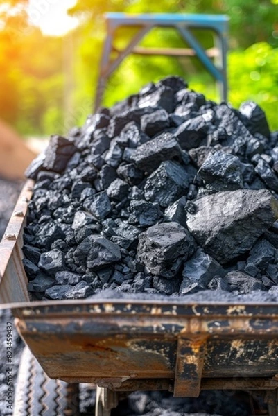 Fototapeta Coal export concept with wagon on blurred background, ideal for strategic text placement