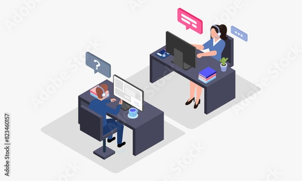 Fototapeta Call center vector isometric illustration