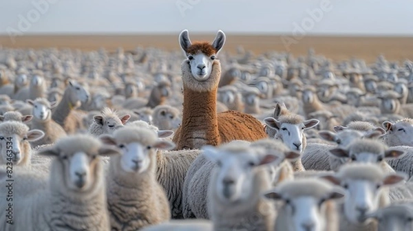 Fototapeta A llama with brown fur stands out distinctly in the middle of a large flock of white sheep in a wide, open field. - Generative AI