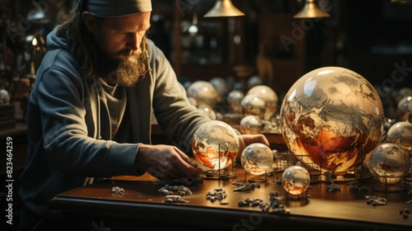 Obraz A man makes a layer of earth globe, world geography, planet and its creation. A workshop where a man makes globes. generative ai
