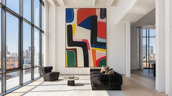 Fototapeta Vibrant artwork hangs in the living room featuring a black sofa and white walls, creating a striking contrast and focal point in the minimalist decor.