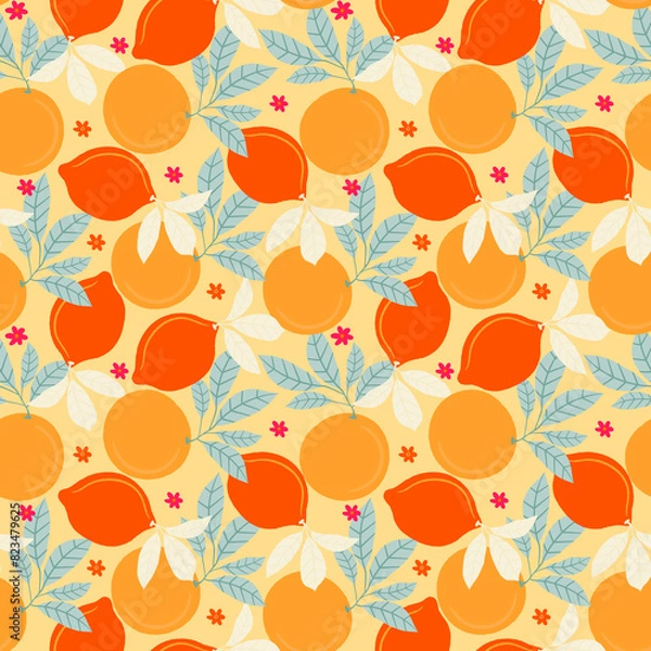 Fototapeta Seamless pattern with lemons and oranges. Vibrant tropic fruits print. Fruit repeated background. Citrus fruit background. Summer ornament. Perfect for textile, wrapping, stationary, packaging.