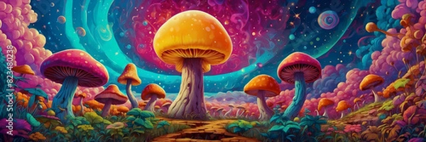 Fototapeta A vibrant illustration of a magical mushroom grove in an enchanted forest with a whimsical path