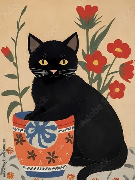 Fototapeta Floral Black Cat Painting Generative AI Illustration 