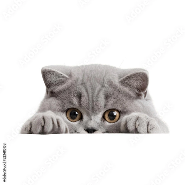Fototapeta A gray cat peeking over the edge of a table with its paws on the table.