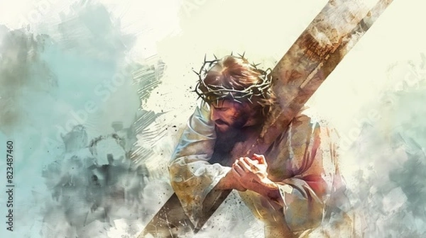 Obraz Illustration of Jesus with a crown of thorns, carrying the cross.