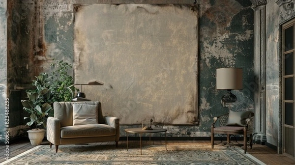 Fototapeta A room with a large white wall and a couch and chair. The room has a rustic feel to it