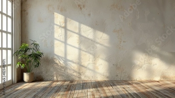 Fototapeta A large empty room with a window and a plant. The room is very bright and open, with sunlight streaming in through the window. The plant adds a touch of greenery to the space