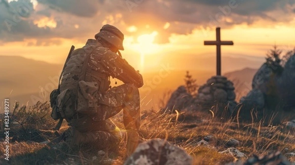 Fototapeta A soldier kneeling before a cross at sunset, reflecting or praying in a tranquil natural setting.