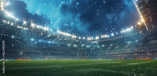 Fototapeta 3D illustration of an empty professional soccer stadium at night with fans and lights