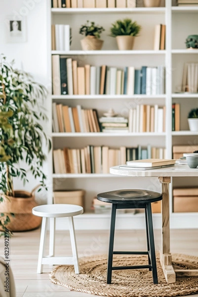 Fototapeta A white and black stool is in front of a white bookshelf