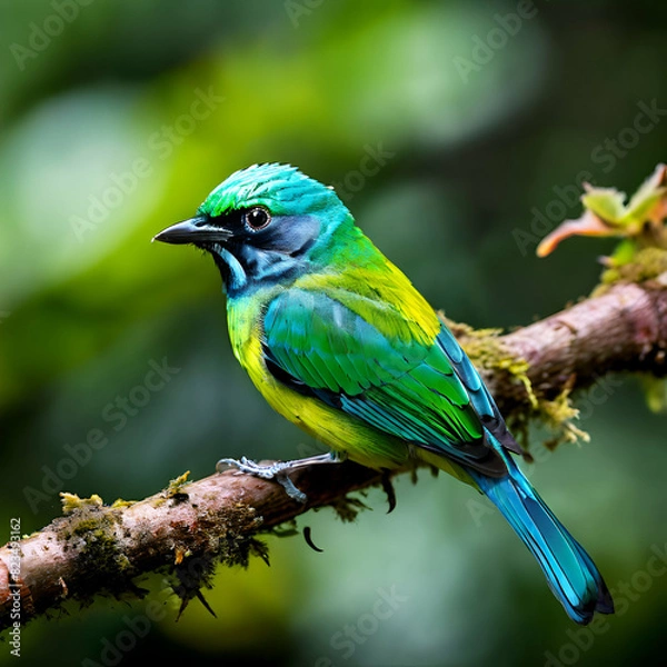 Fototapeta green headed tanager Colorful Green-headed tanager perched on a bare branch against defocused background, Serra da Mantiqueira, Atlantic Forest, Itatiaia, Brazil,