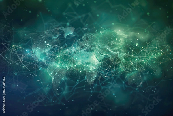 Fototapeta A digital network map spreading across the globe, glowing connections and data points, symbolizing global cybersecurity efforts.