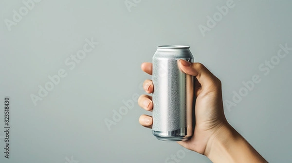Fototapeta Photo of hand holding a soda's silver can mock-up against a soft grey background