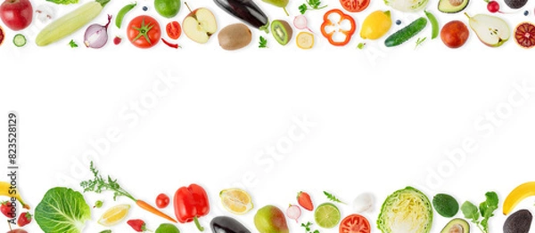 Fototapeta Seamless pattern banner with different fruits, vegetables and berries isolated on white background.