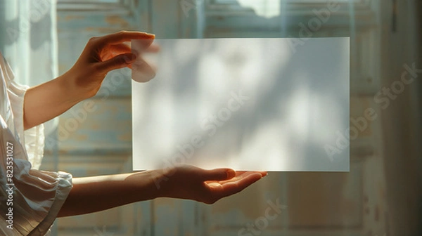 Fototapeta Hands Holding Translucent Card - Two hands holding a translucent white card with soft light and shadow effects in the background, enhancing the artistic feel of the photo.