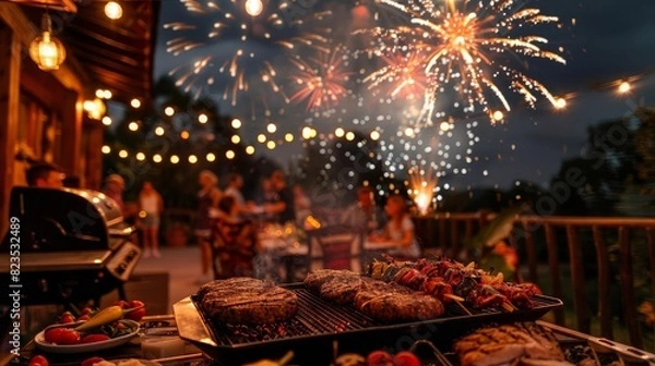Fototapeta Festive backyard barbecue party at night with fireworks, grilled food, and string lights, capturing a joyful summer celebration under the stars.