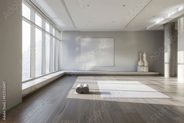 Fototapeta An elegant, minimalist yoga studio characterized by its simplicity and clean lines. The room has a muted color palette of soft grays and whites, with seamless, sleek wooden flooring. 