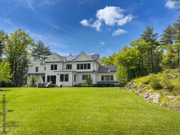 Fototapeta Spring growth and green energy -trees surrounding suburban home with bright green Spring growth. Sunny day means great solar production.