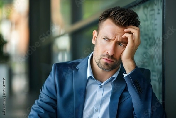 Fototapeta Thoughtful and Concerned Businessman Facing Workplace Challenges