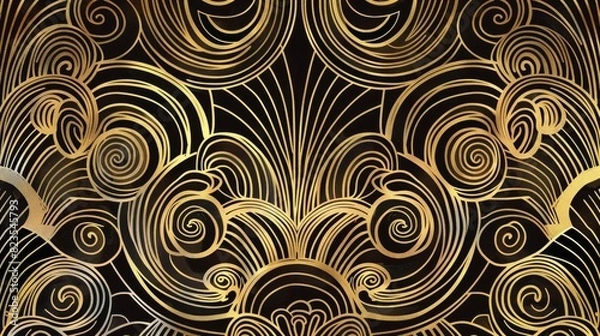 Fototapeta Vector art deco pattern with geometric shapes, arches, and swirls, golden vintage artistic linear ornament, luxurious and detailed design