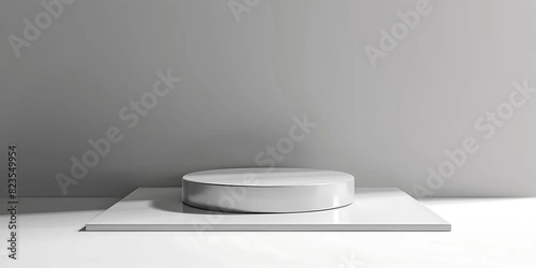 Fototapeta Podium silver metal platform 3D stage pedestal stand background product. Podium isolated metal silver base display round render steel shape white scene cylinder circle award space circular object.