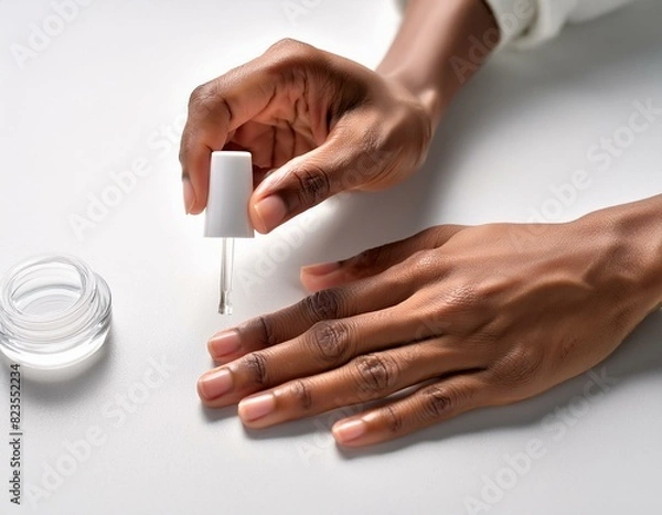 Fototapeta A close-up of hands applying a clear base coat to fingernails