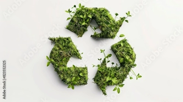 Fototapeta Recycling icon from grass on white background. The problem of ecology, waste recycling, waste disposal, reusable use, recyclables use, consumer culture. Concept eco earth day.