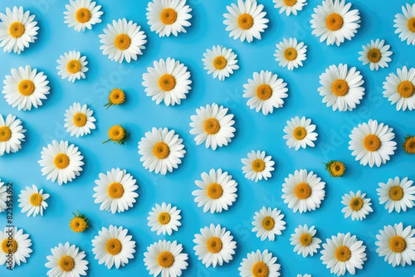Fototapeta Daisy pattern. Flat lay spring and summer chamomile flowers on a blue background. Repetition concept. Top view