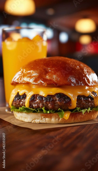 Fototapeta A close-up of a featured burger accompanied by a glass of juice on the table. With empty space for text.