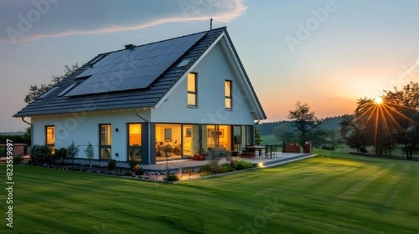 Fototapeta A modern house with solar panels on the roof, illuminated by sunlight at sunset. The home is white and has large windows that allow natural light to fill its interior space.
