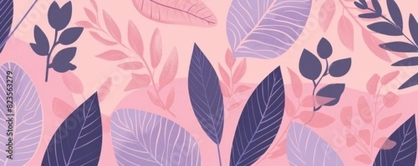 Fototapeta pattern illustration of lilac, pink and purple different leaves and plants, minimal shapes on isolated white background, abstract composition for varoius eco projects design