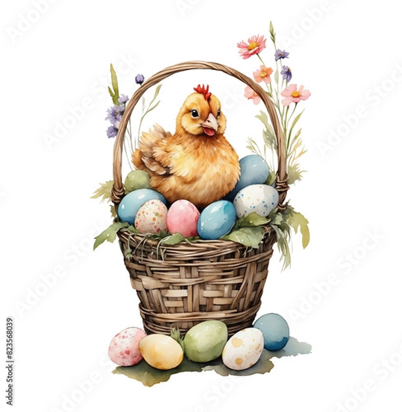Fototapeta easter basket with eggs and chicken